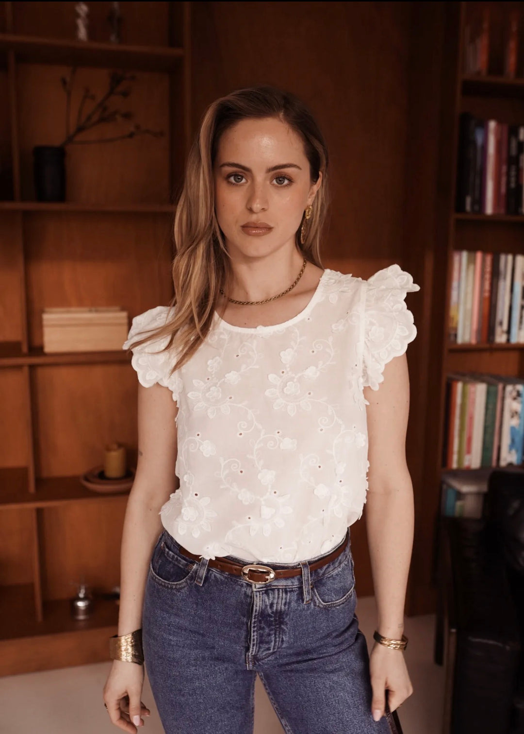 Roma White Cotton Embroidery Frill Cap Sleeve Top