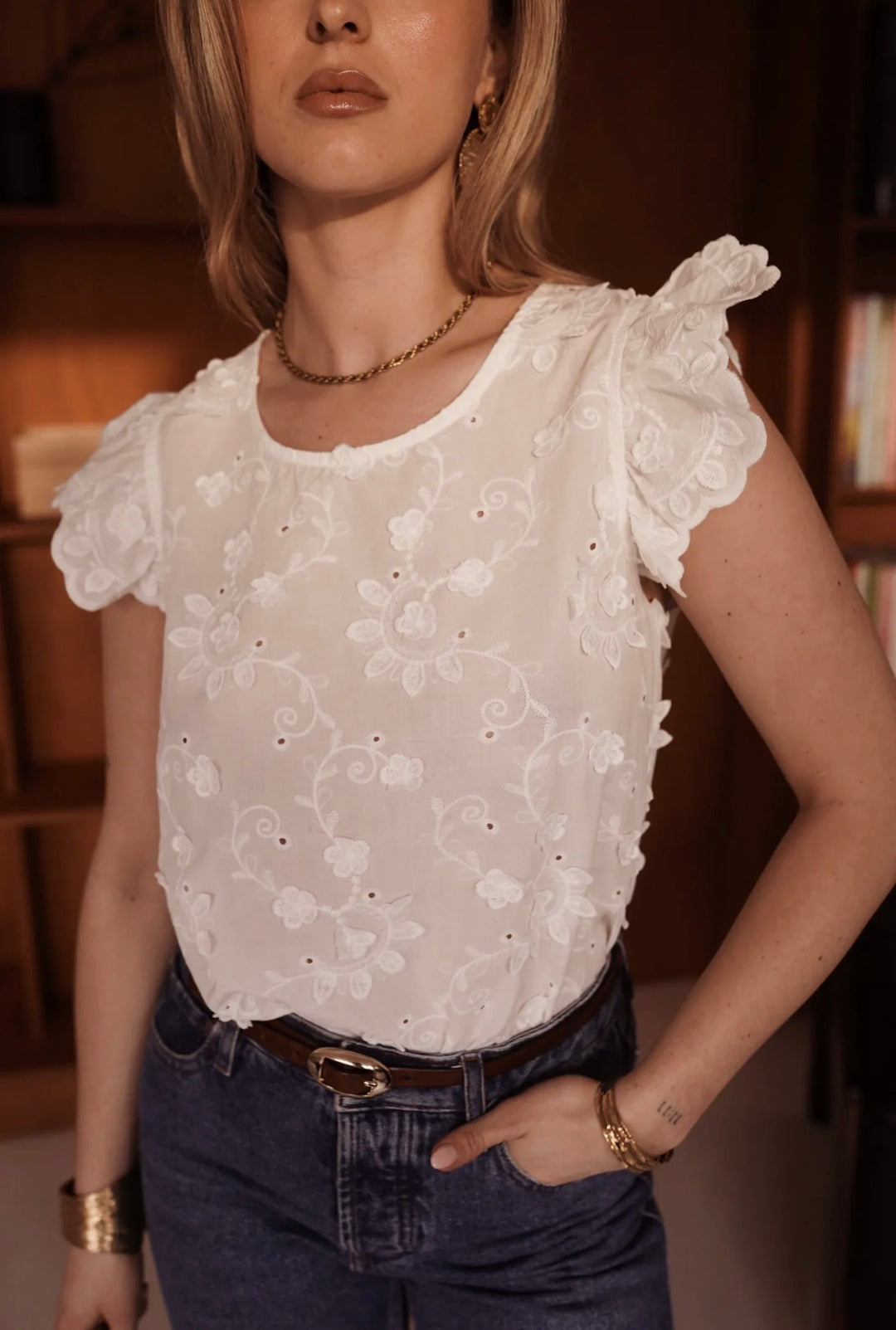 Roma White Cotton Embroidery Frill Cap Sleeve Top