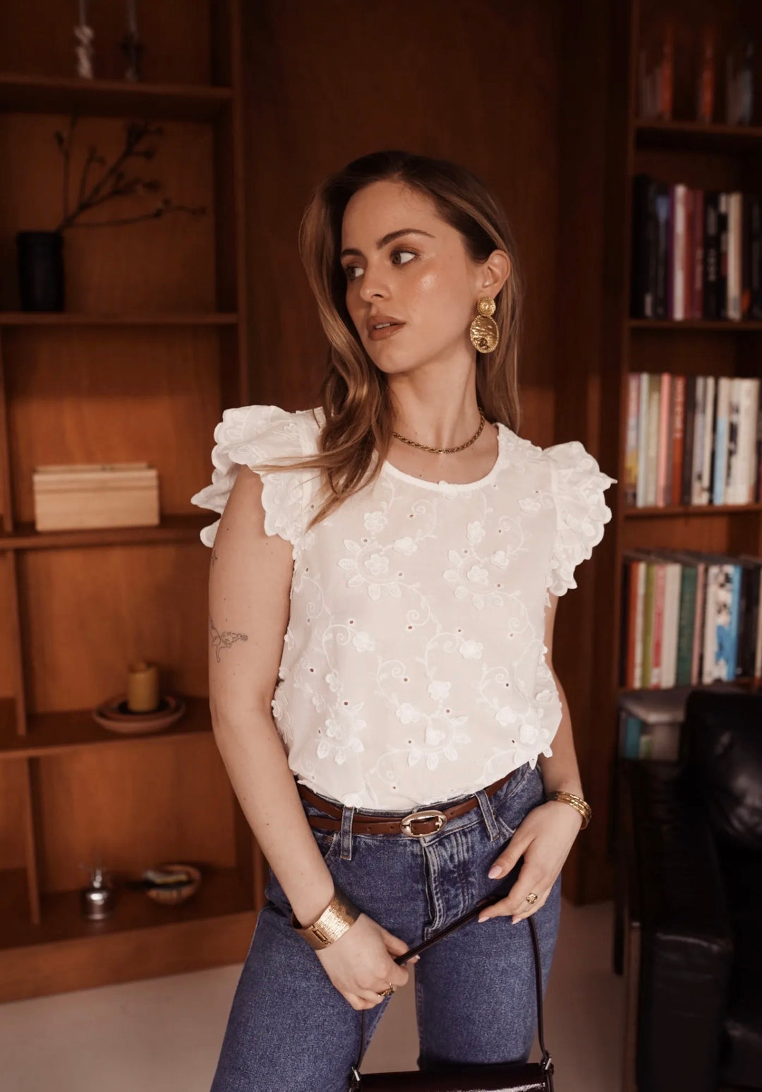 Roma White Cotton Embroidery Frill Cap Sleeve Top