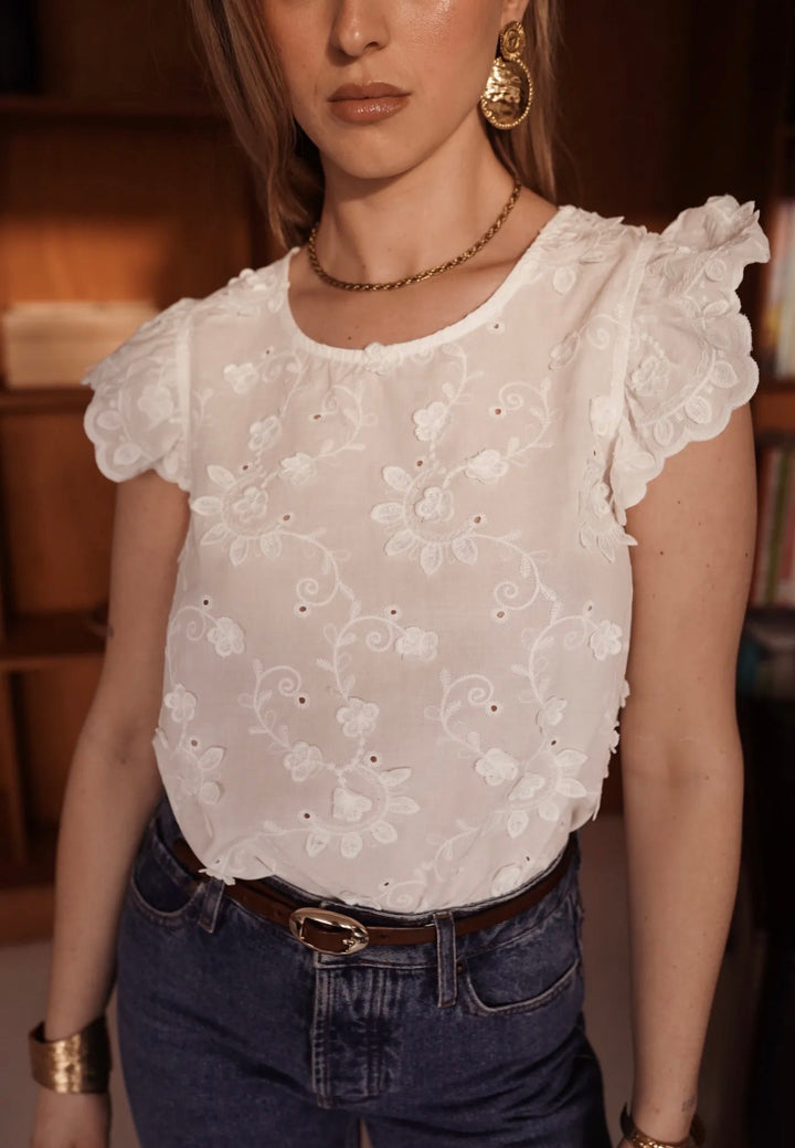 Roma White Cotton Embroidery Frill Cap Sleeve Top