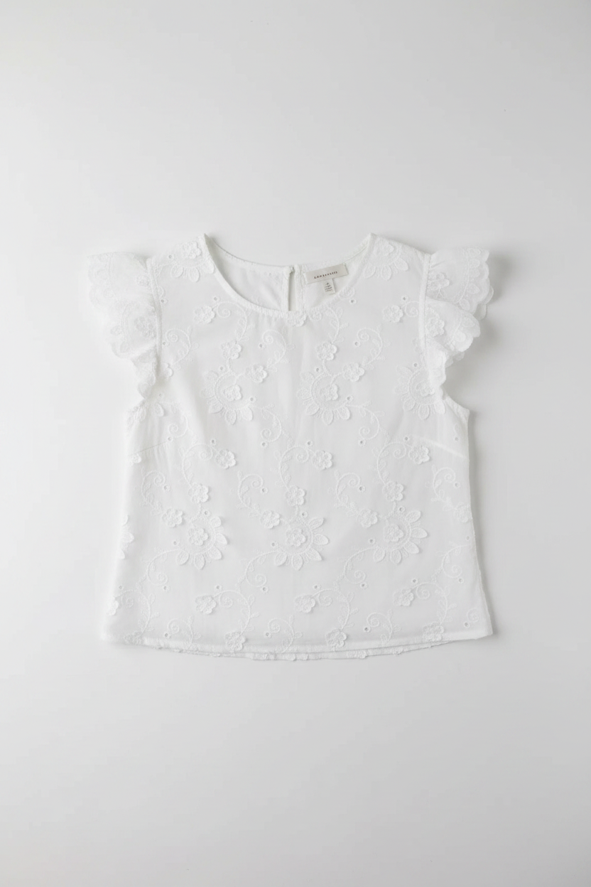 Roma White Cotton Embroidery Frill Cap Sleeve Top