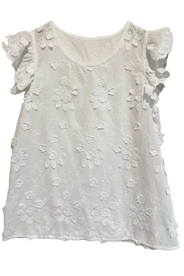 Roma White Cotton Embroidery Frill Cap Sleeve Top