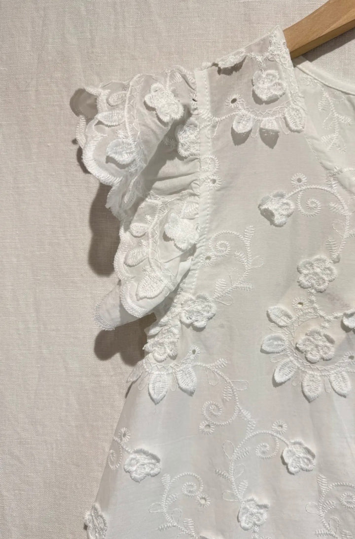 Roma White Cotton Embroidery Frill Cap Sleeve Top