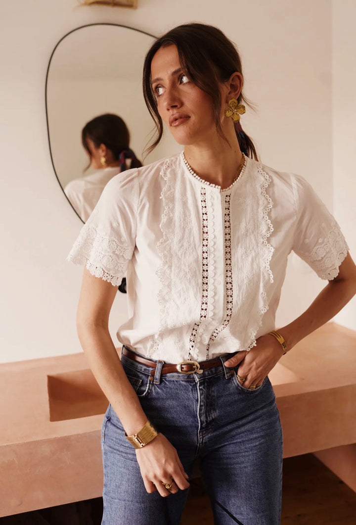 Eddie Lace Trim Embroidered Short Sleeve Blouse