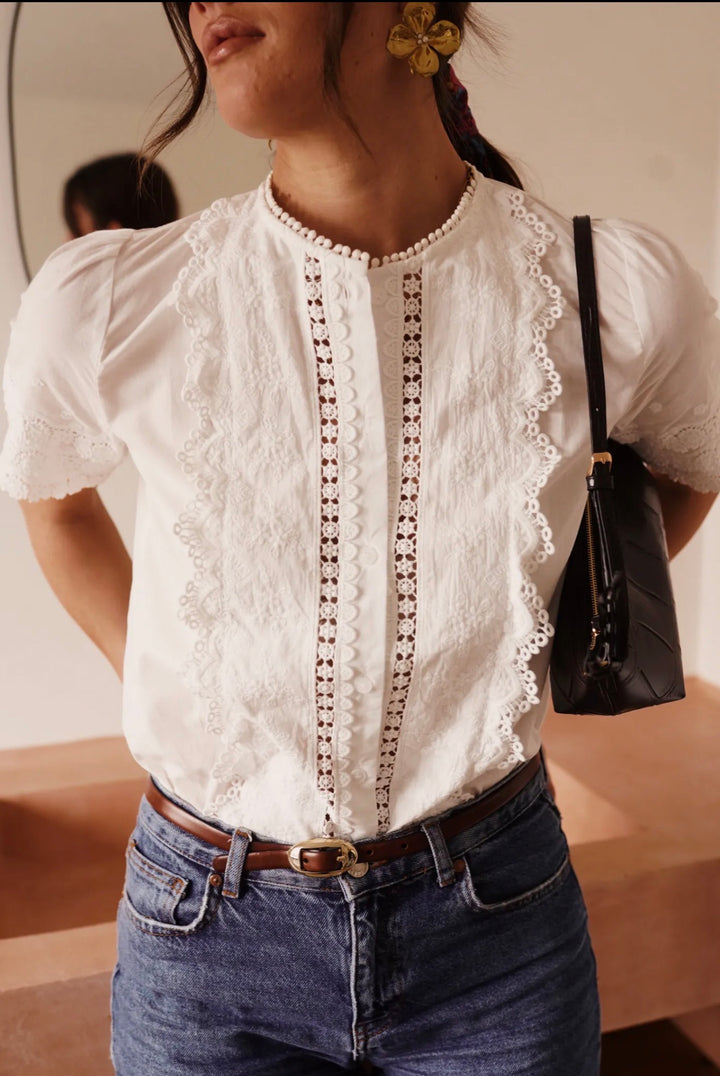 Eddie Lace Trim Embroidered Short Sleeve Blouse