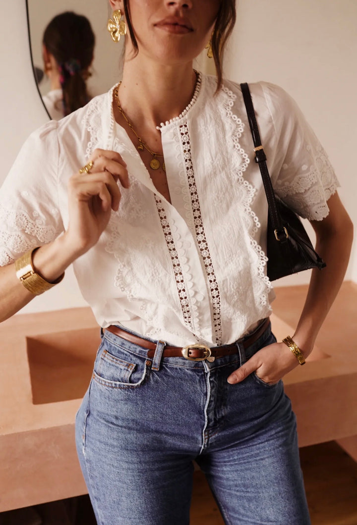 Eddie Lace Trim Embroidered Short Sleeve Blouse