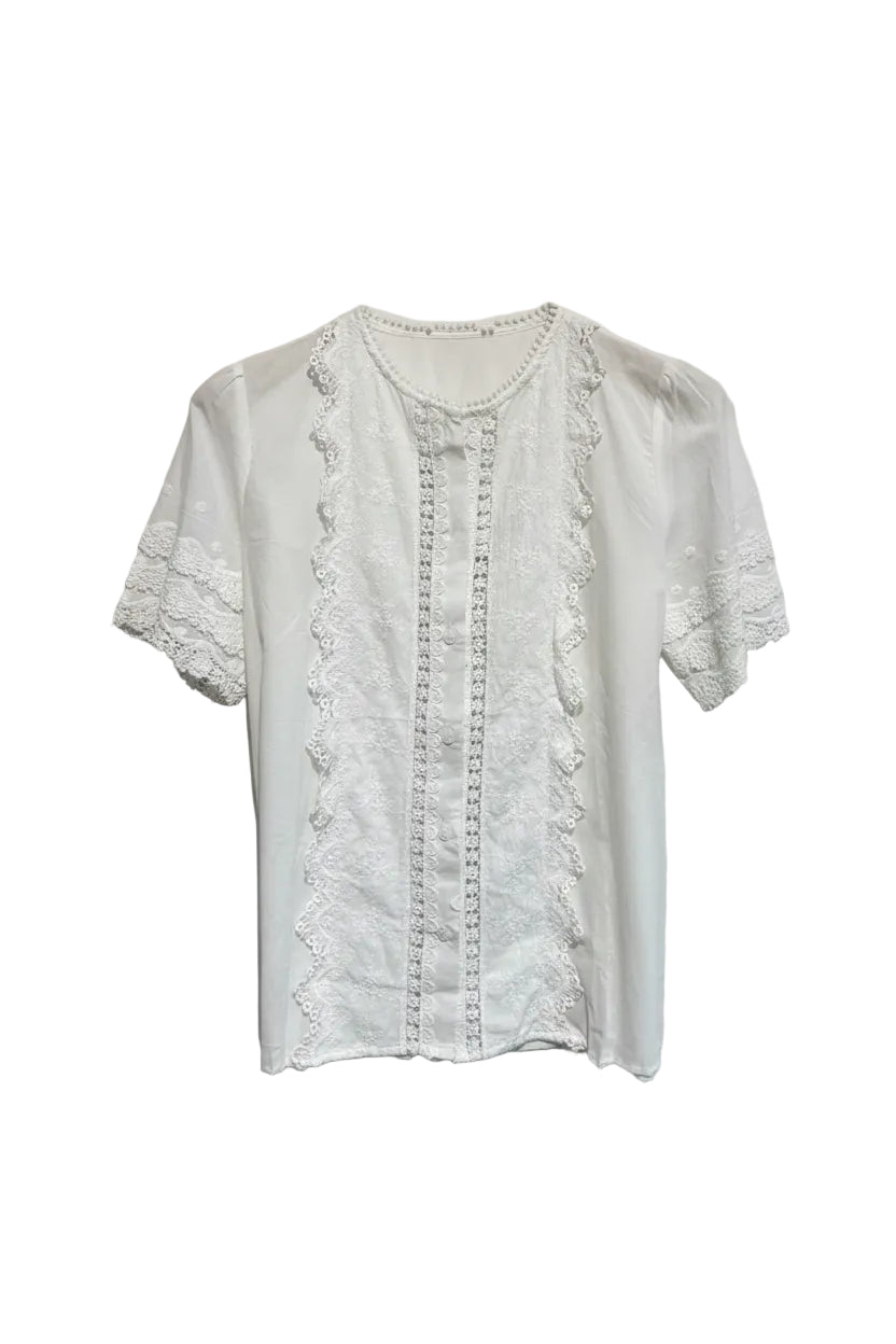 Eddie Lace Trim Embroidered Short Sleeve Blouse