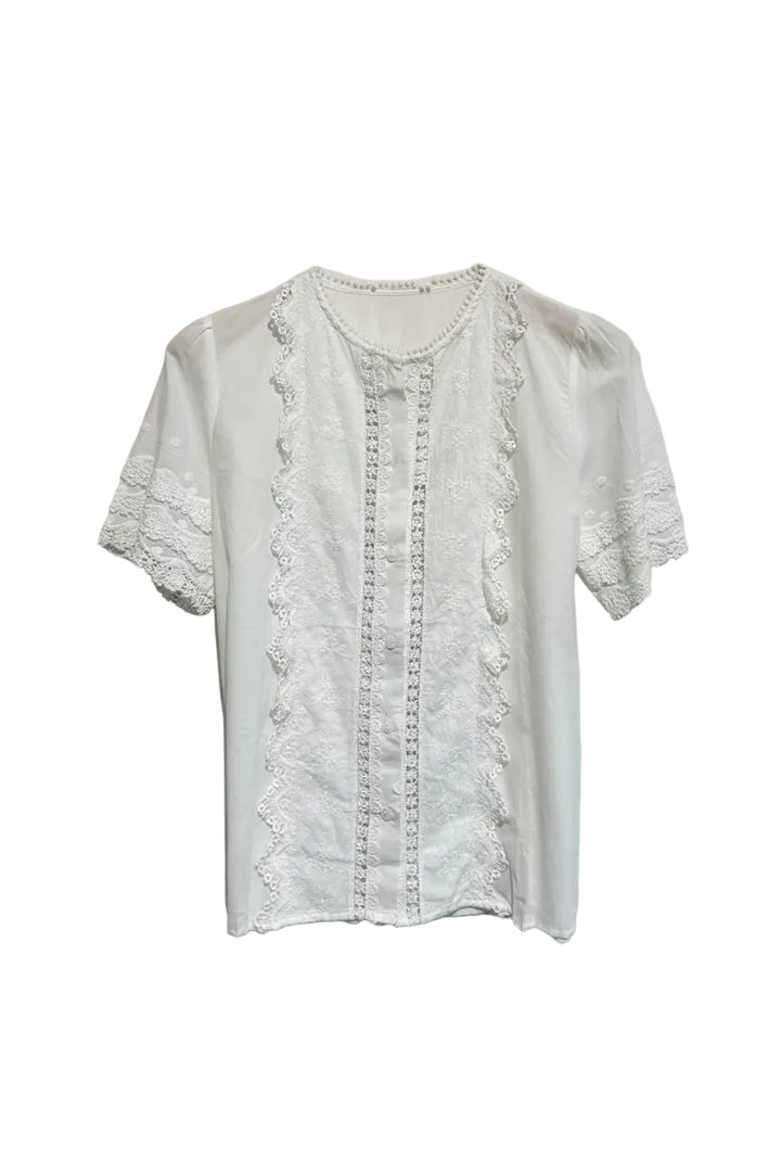 Eddie Lace Trim Embroidered Short Sleeve Blouse