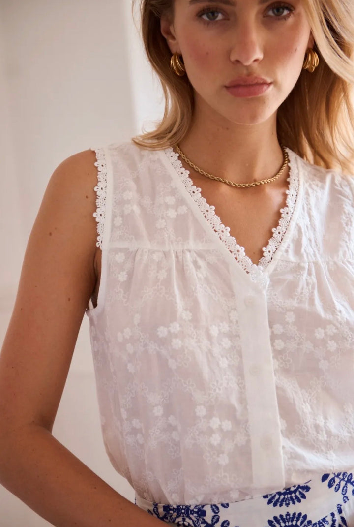 Kendal White Embroidered Sleeveless Blouse Top