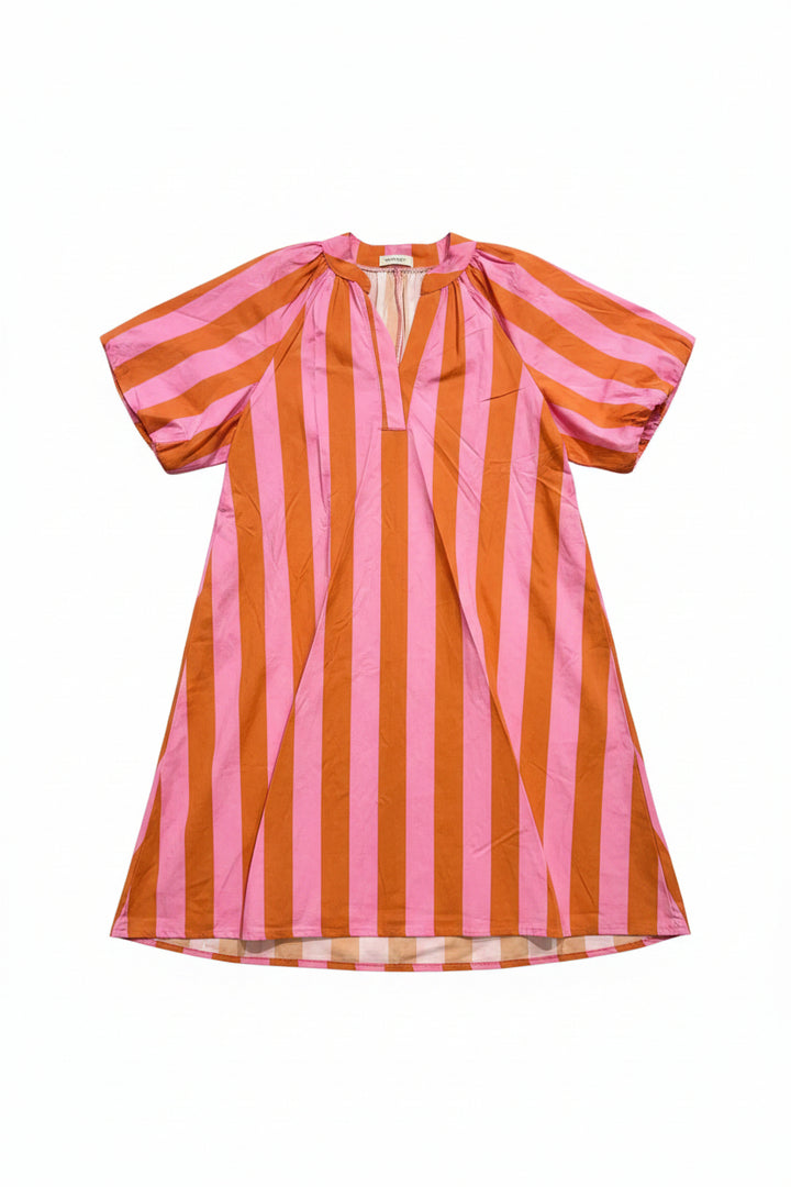 A loose, short-sleeved kaftan-style dress with vertical pink and orange stripes, hanging on a white hanger against a plain white background.