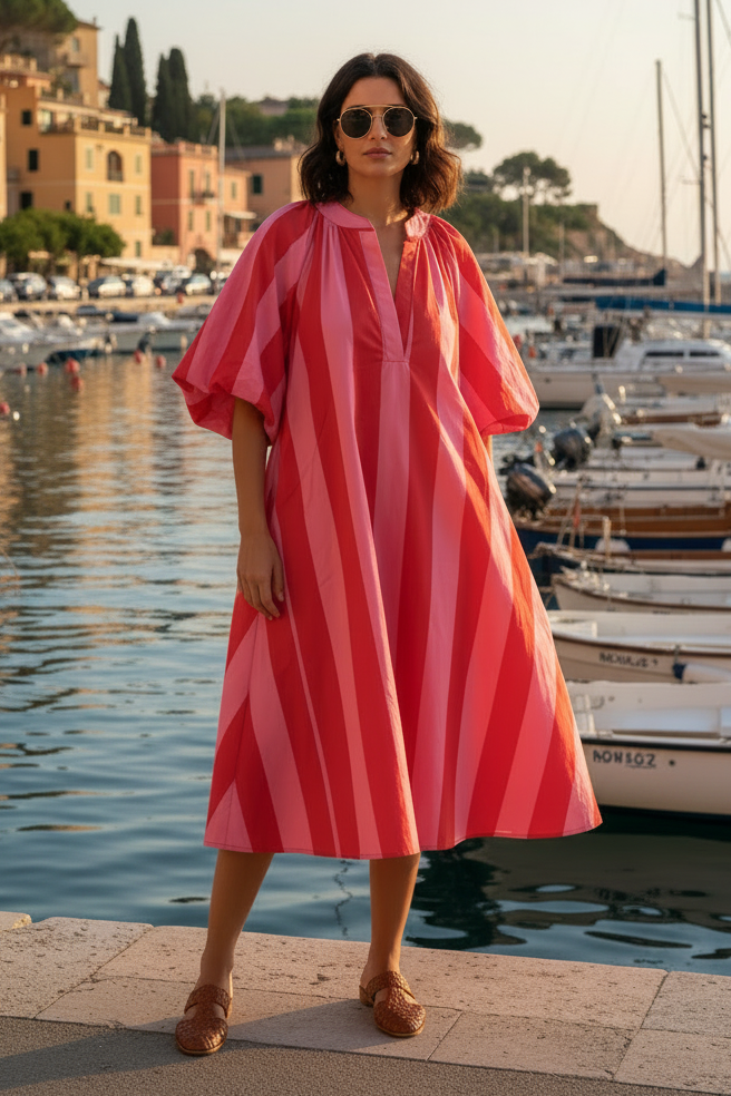A woman wearing a pink and red vertically striped midi dress and sunglasses stands on a stone pier in front of a sunny harbor filled with boats.
