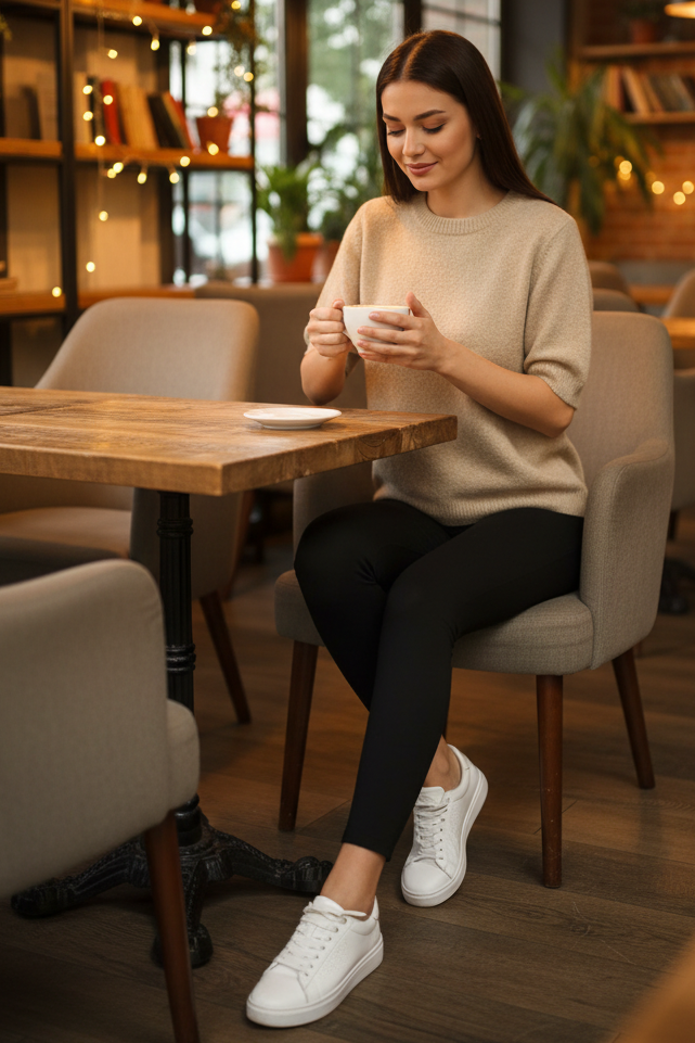 Woman sitting at a table in a cozy restaurant, holding a cup.