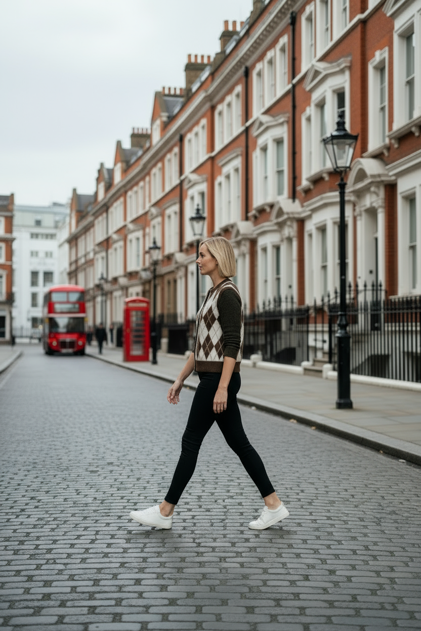 Woman walking on a street in London with red double-decker buses in the background.