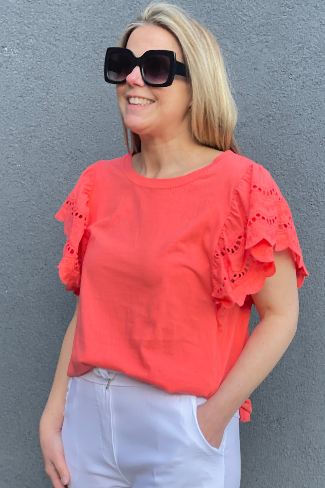 Kayla Cotton Broderie Top | Coral