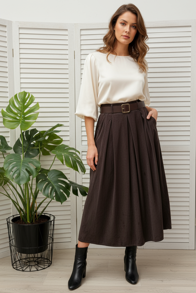 Woman wearing a white blouse and brown skirt standing next to a plant indoors.