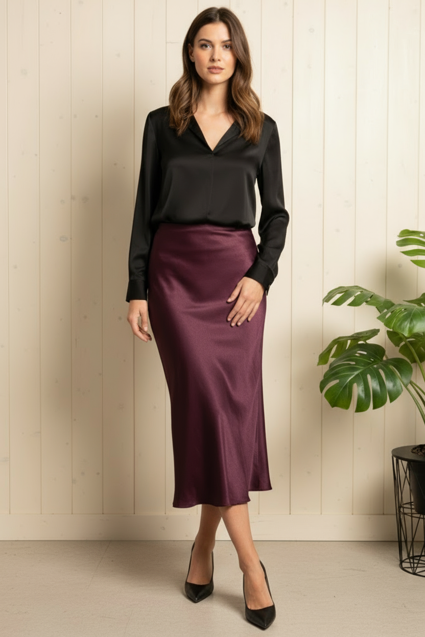 Woman wearing a black blouse and purple skirt standing against a light wooden paneled wall with a plant in the background.
