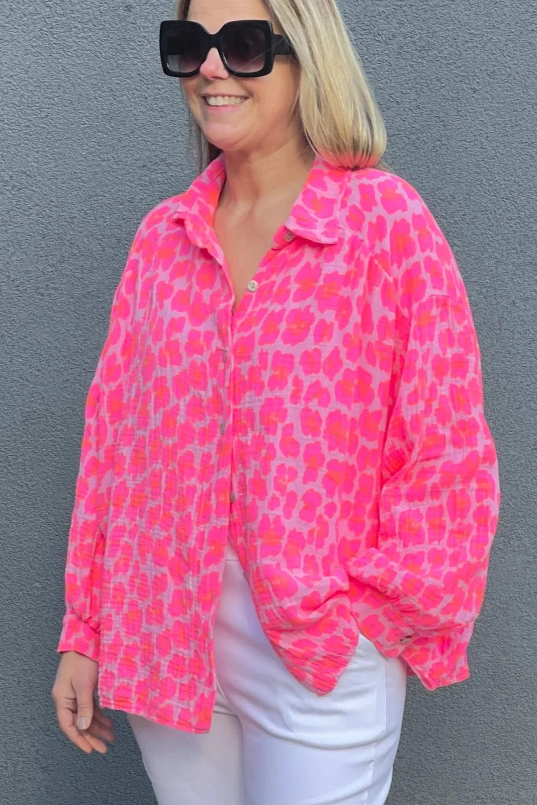 Sian Cotton Oversize Blouse | Pink Leopard