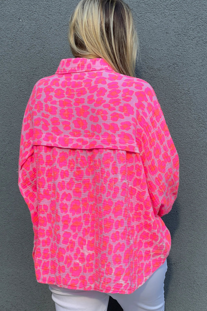 Sian Cotton Oversize Blouse | Pink Leopard