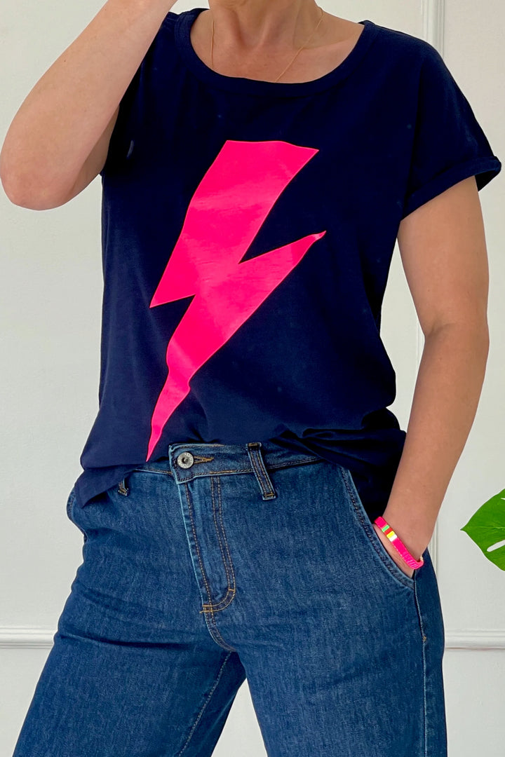 Bolt Organic Cotton T Shirt | Navy x Neon Pink