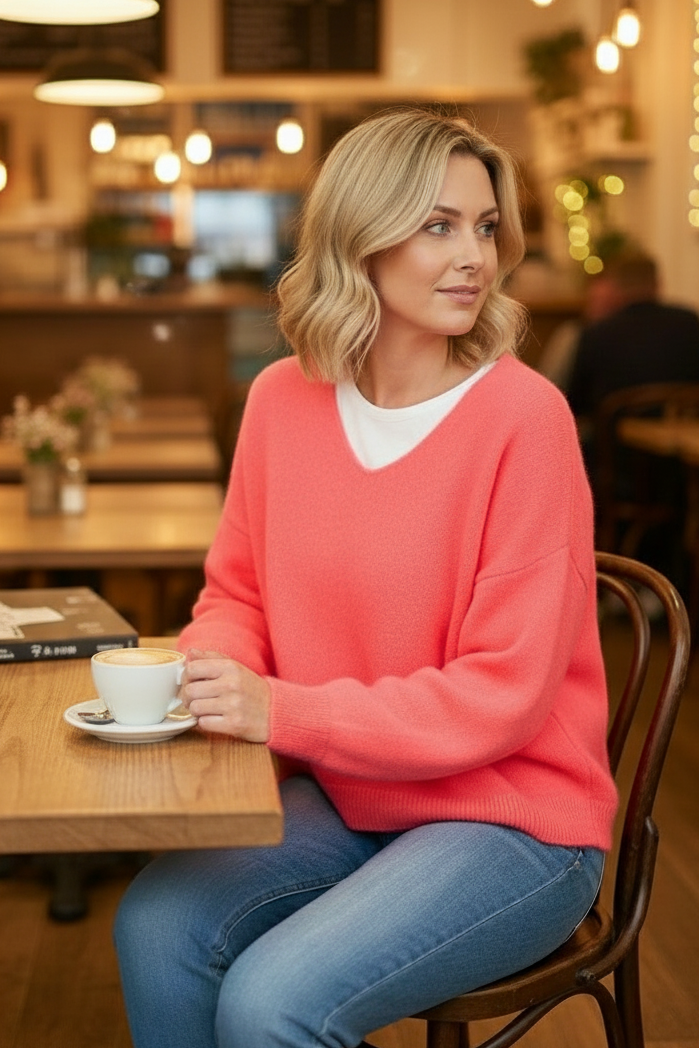 Woman in a pink sweater sitting at a table in a cozy cafe.