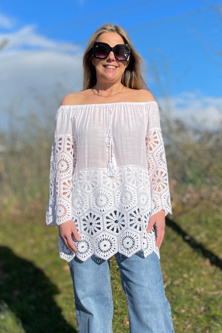 Belinda Bardot/Cowl Neck Crochet Sleeve Top | White