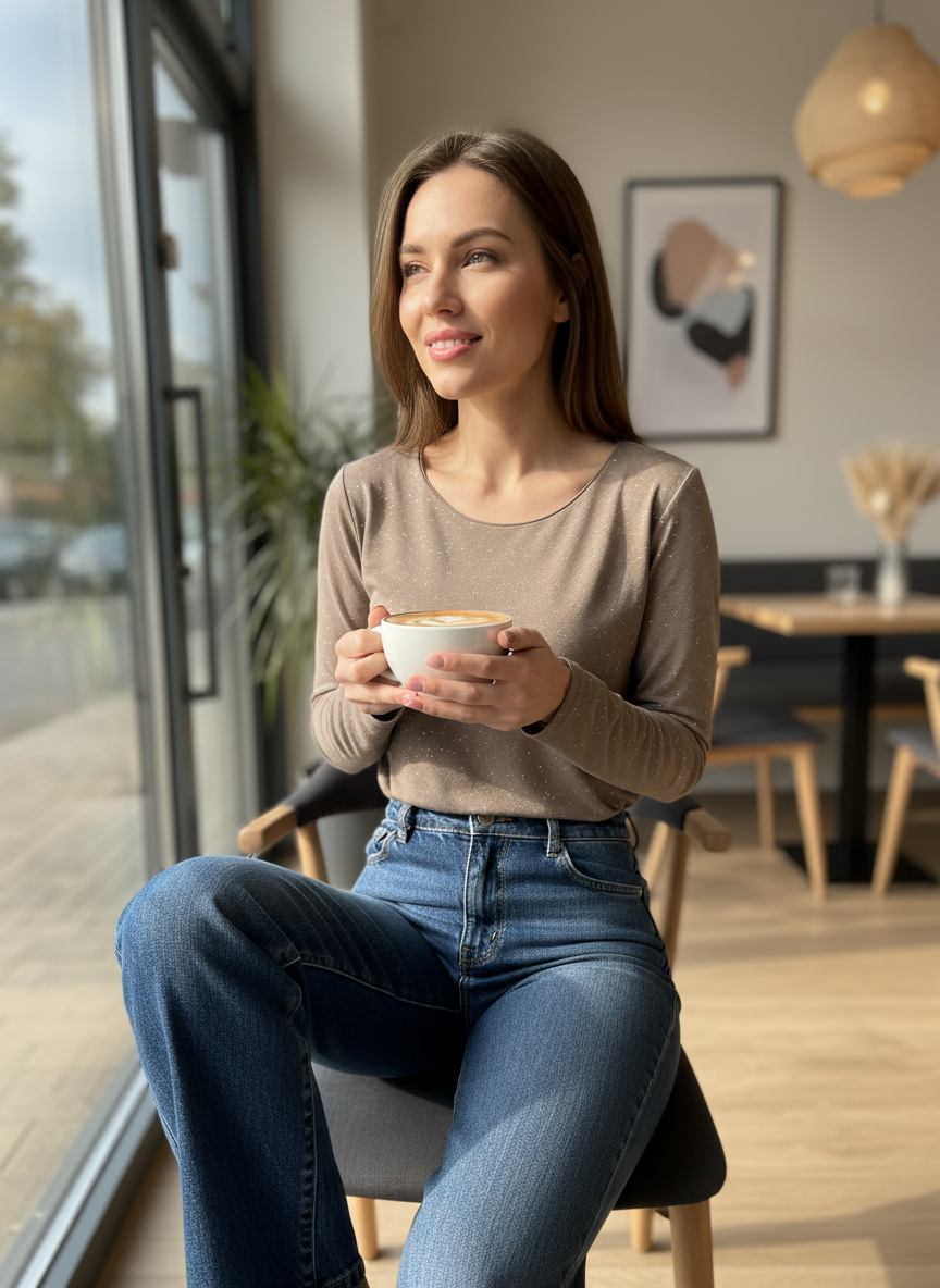 Woman holding a cup in a cozy indoor setting