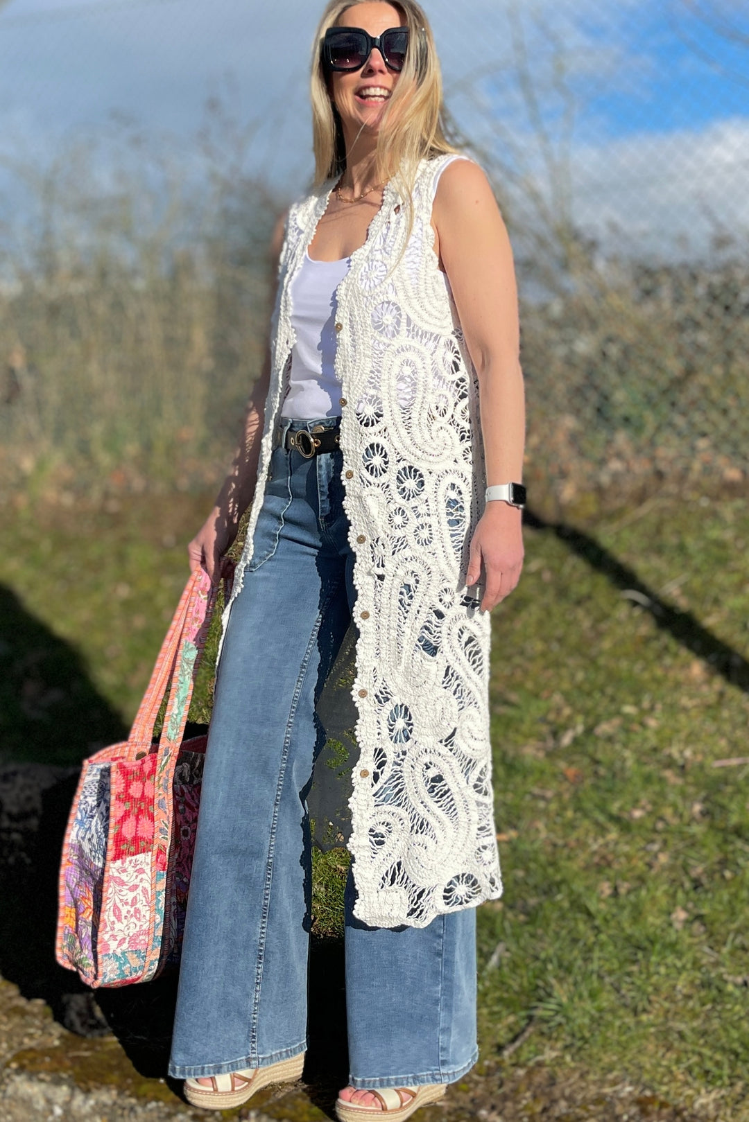 Letty Crochet Sleeveless Cardigan | White