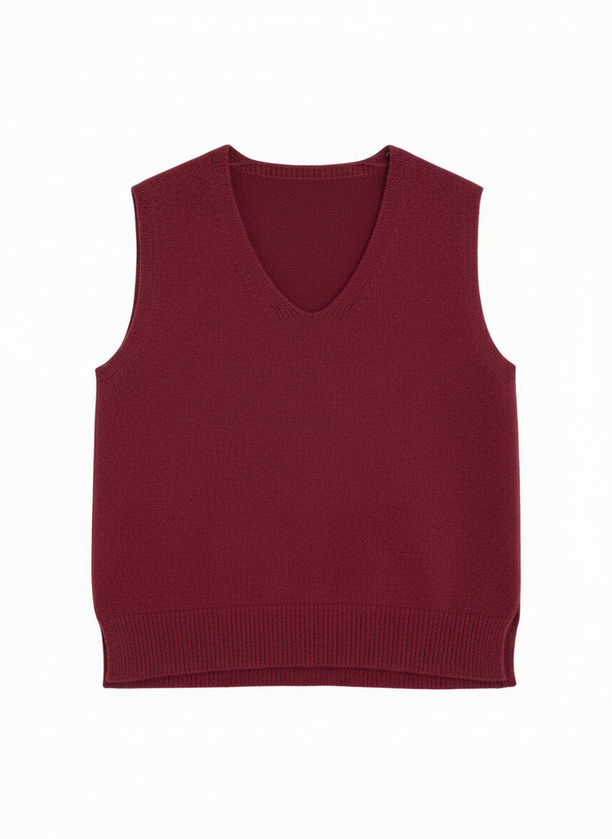Maroon sweater on a hanger with jeans in the background