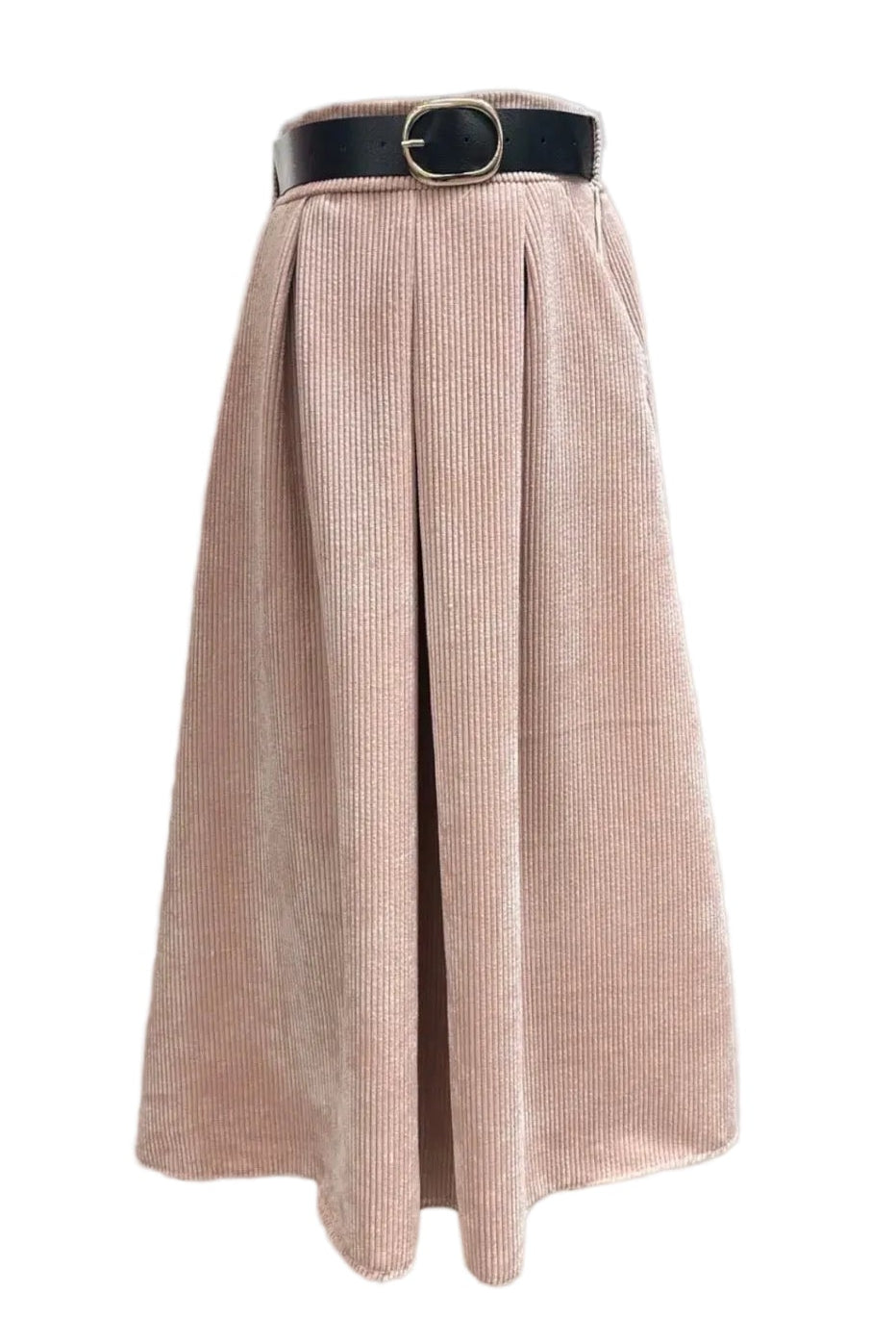 A pleated midi skirt in dusty pink corduroy fabric, styled with a black leather belt featuring a gold-tone oval buckle, shown against a light gray background.