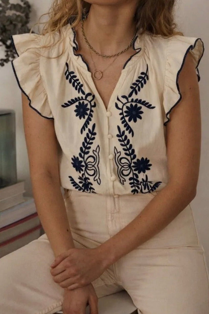 Leanne Embroidered Blouse (Navy x Cream)