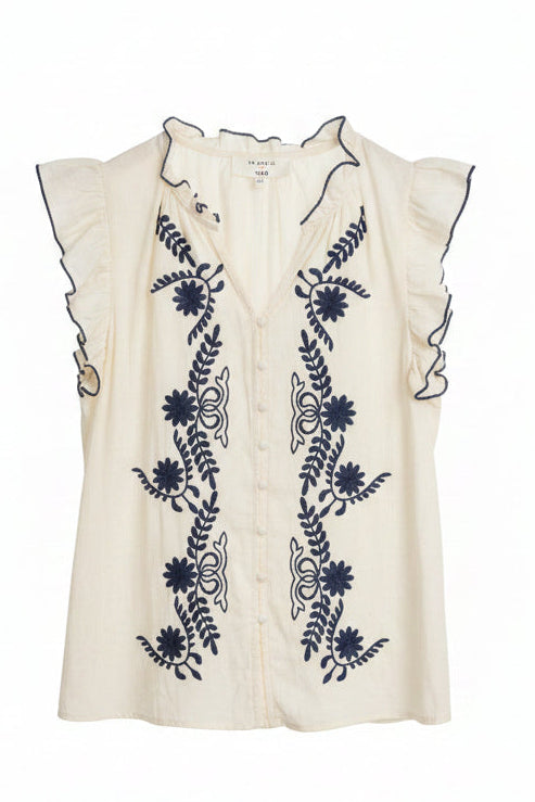Leanne Embroidered Blouse (Navy x Cream)