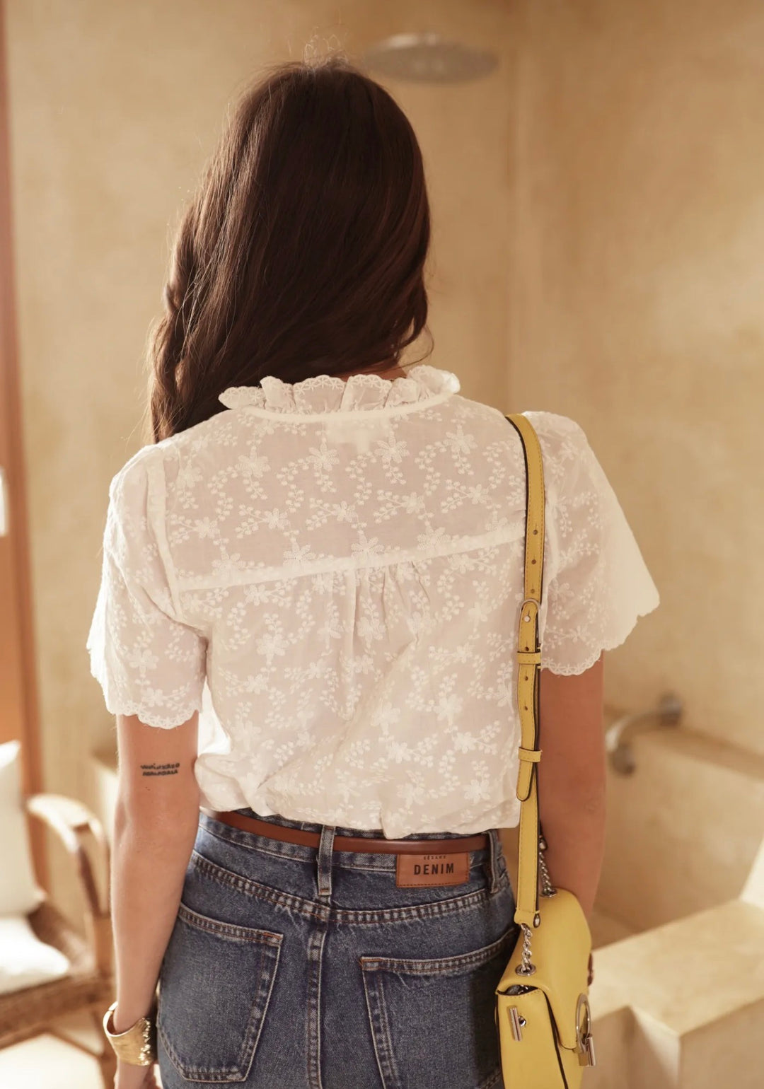 Annette Lace Embroidered Short Scallop Sleeve Blouse