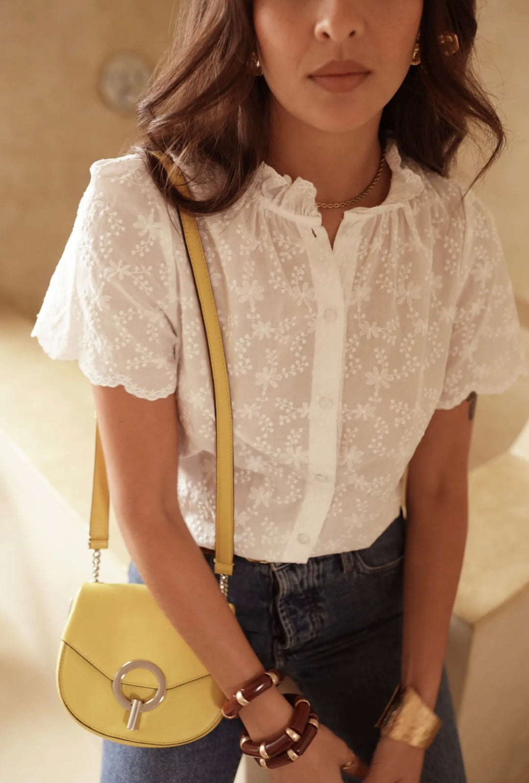 Annette Lace Embroidered Short Scallop Sleeve Blouse