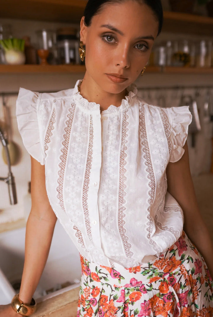 Tessa White Cap Sleeve Lace Stripe Blouse