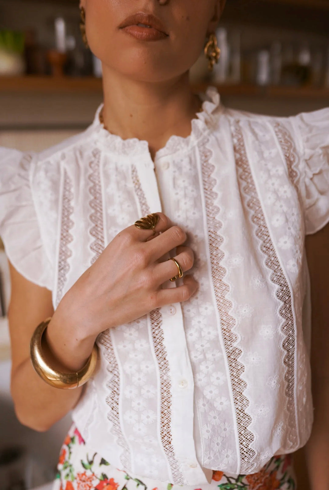 Tessa White Cap Sleeve Lace Stripe Blouse