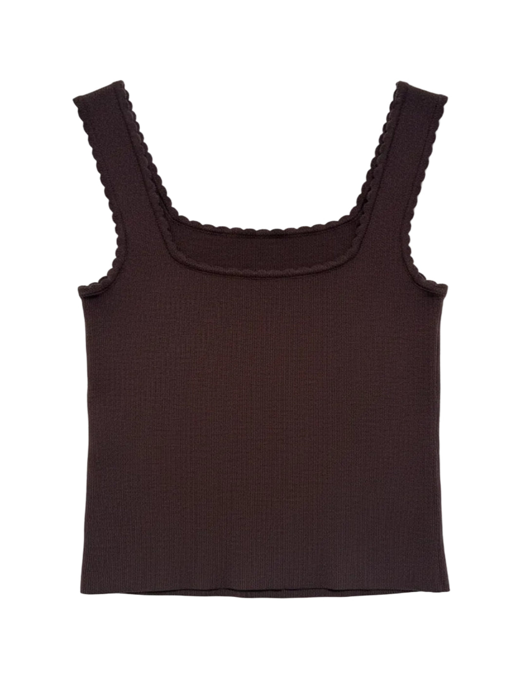 A dark brown ribbed knit tank top with a scalloped scoop neckline, hanging on a wooden hanger against a white textured wall. The brand name 'imperfect' is visible on the inner neck label.