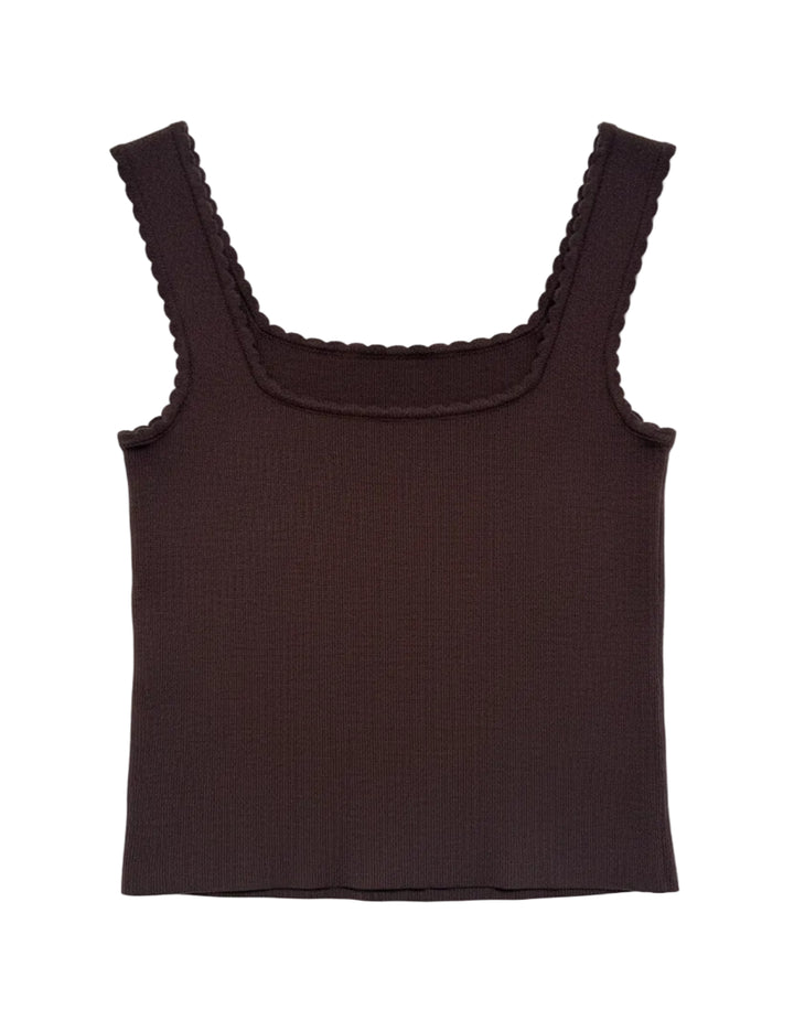A dark brown ribbed knit tank top with a scalloped scoop neckline, hanging on a wooden hanger against a white textured wall. The brand name 'imperfect' is visible on the inner neck label.