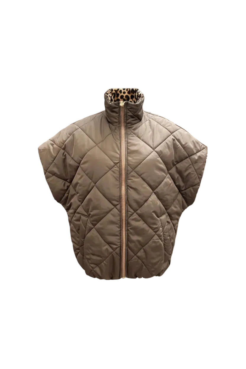 A brown diamond-quilted puffer jacket with a high stand-up collar and front zipper, displayed on a cream mannequin torso against a light gray background.