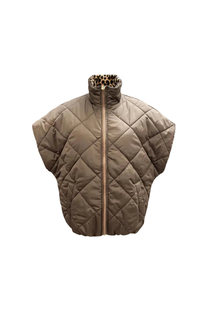 A brown diamond-quilted puffer jacket with a high stand-up collar and front zipper, displayed on a cream mannequin torso against a light gray background.