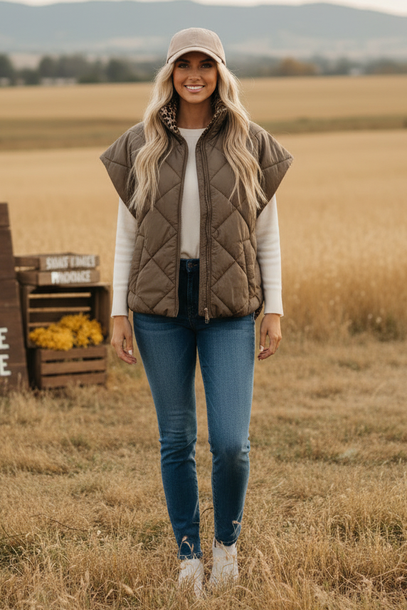 Samantha Leopard Sleeveless Quilted Funnel Neck Gilet