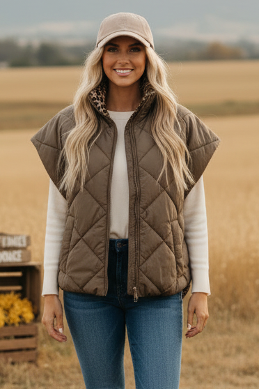 Samantha Leopard Sleeveless Quilted Funnel Neck Gilet