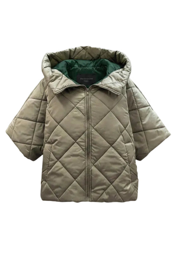 A quilted short-sleeve puffer jacket displayed on a mannequin with wooden arms against a light gray background. The jacket is olive green with a bright lime green lining visible inside the hood.