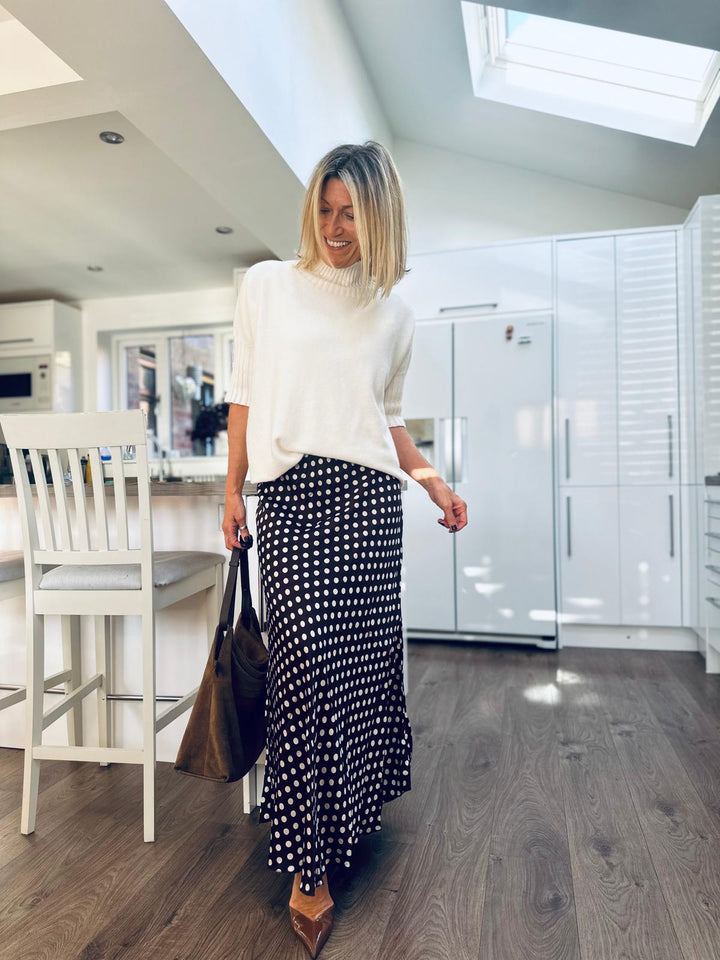 Sarah Polka Dot Slip Silk Blend Skirt (Brown x White)