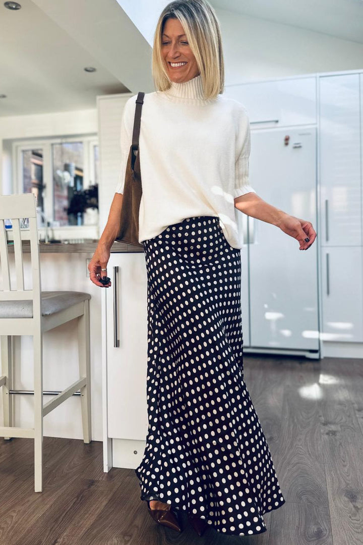 Sarah Polka Dot Slip Silk Blend Skirt (Brown x White)