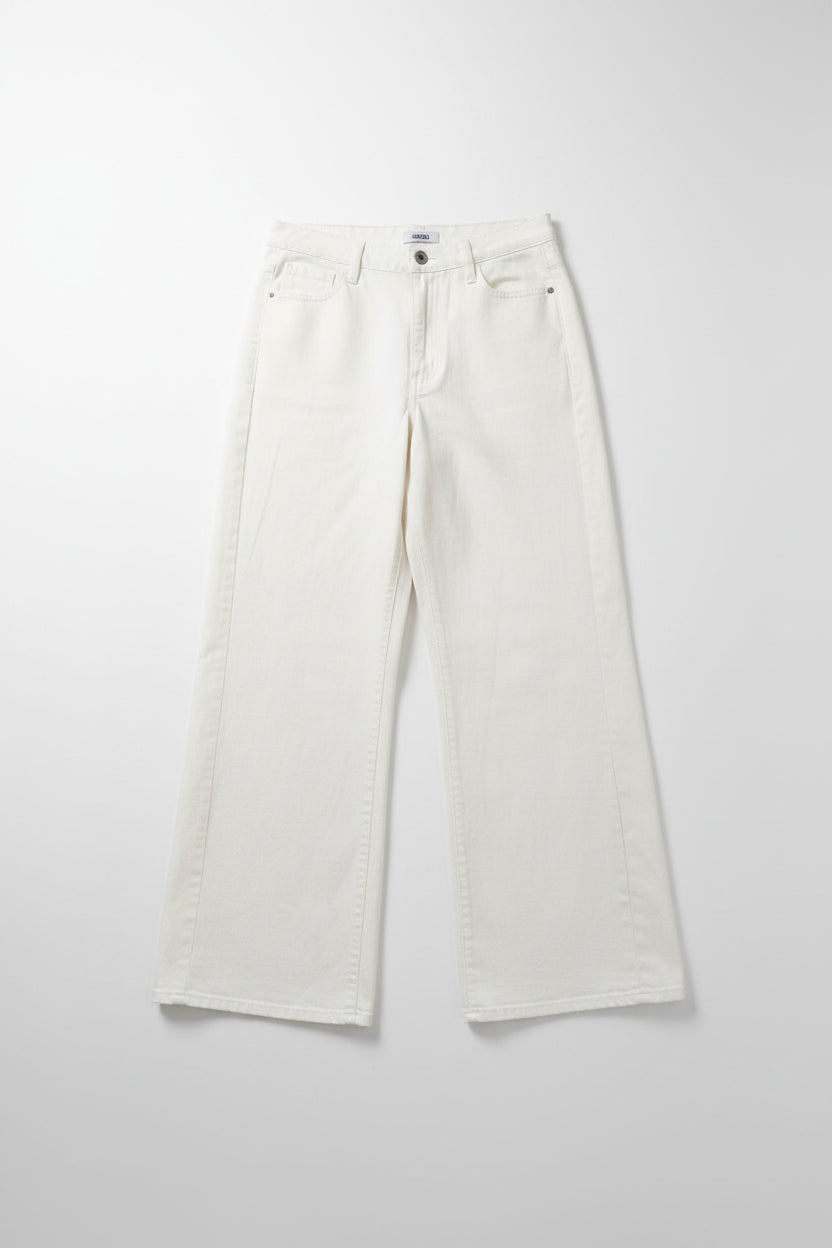 White pants on a hanger against a white background