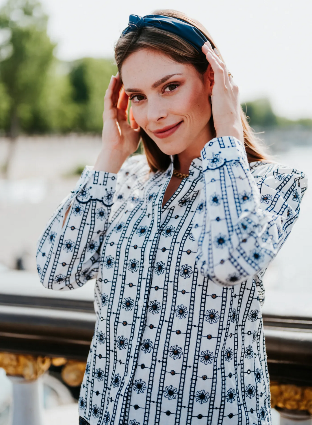 Lauren Blue & White Embroidered Blouse