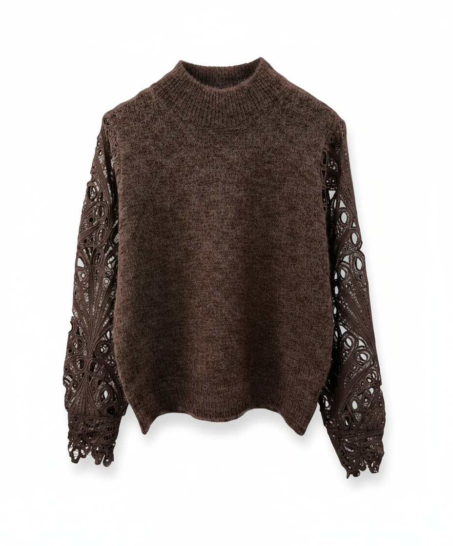 Brown sweater with lace sleeves on a transparent background