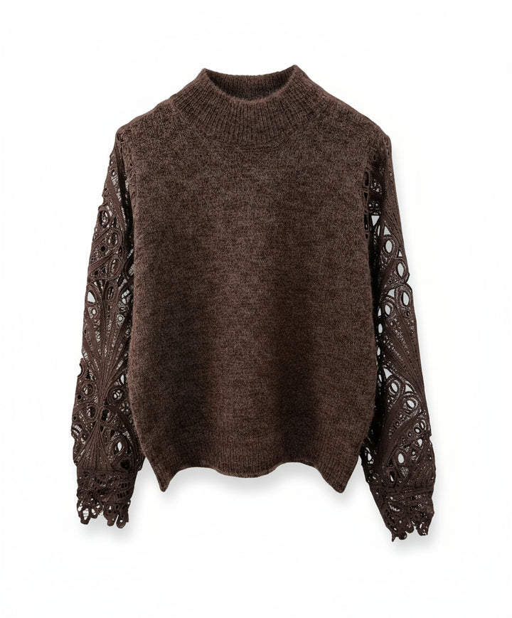 Brown sweater with lace sleeves on a transparent background