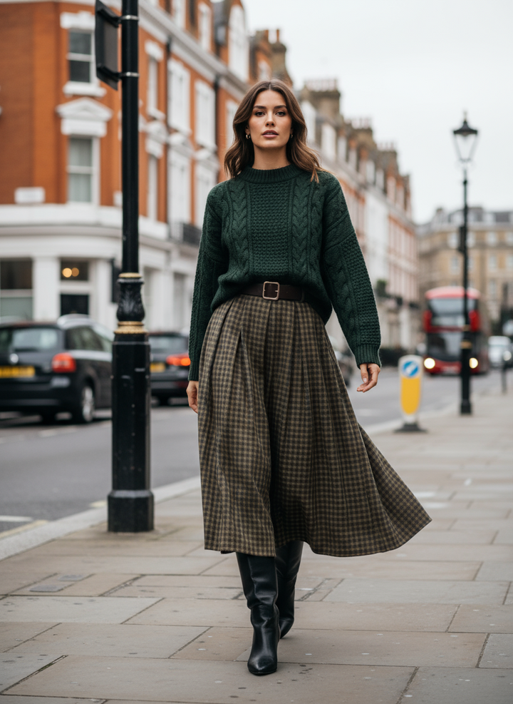 Gisela Checked Maxi Skirt (Black, Burgundy)