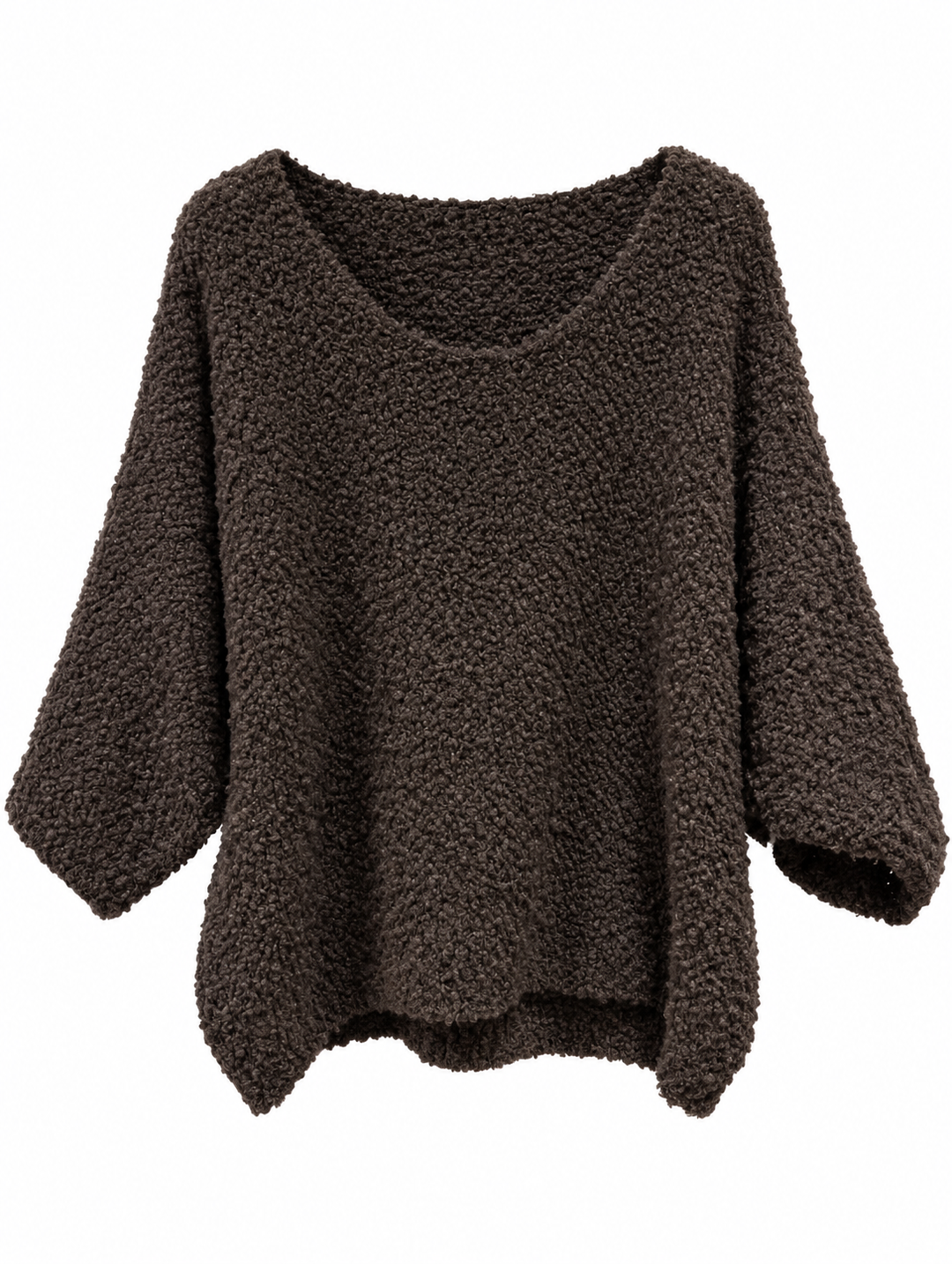 A dark brown textured boucle or sherpa long-sleeve top with a wide scoop neckline, displayed against a plain white background.